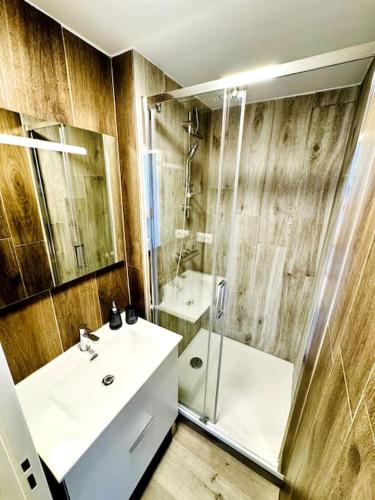 une salle de bain avec un lavabo et une douche dans l'établissement Casa Luciano, à Dunkerque
