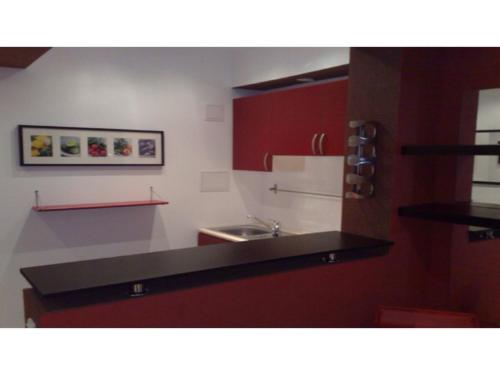 a kitchen with red cabinets and a black counter top at Studio Cismigiu Park in Bucharest