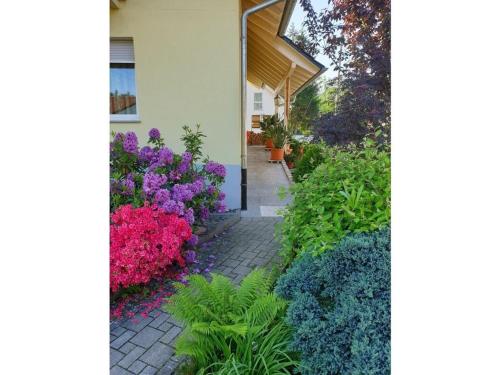 a garden with purple and pink flowers and a walkway at Holiday apartment in the rose garden in Birach