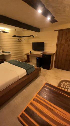 a bedroom with a bed and a table and a television at Solar Kaeté - Suíte Jardim de Banho-Lençóis in Santo Amaro