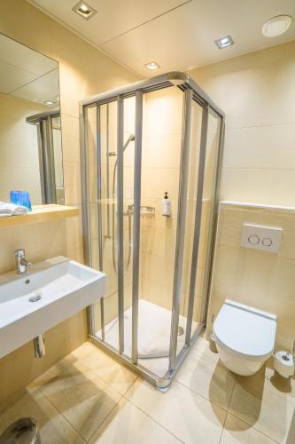 a bathroom with a shower and a toilet and a sink at Rivage Hotel Restaurant Lutry in Lausanne