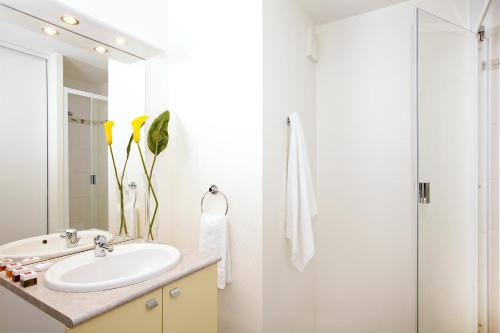uma casa de banho com um lavatório e um chuveiro em Séjours & Affaires Rennes Villa Camilla em Rennes