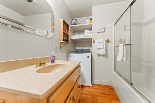 a bathroom with a sink and a washing machine at Old Rag A-Frame: Mountain Views Hot Tub Fire Pit in Etlan