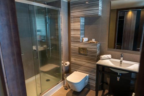 a bathroom with a shower and a toilet and a sink at Hotel Terrado Cavancha in Iquique