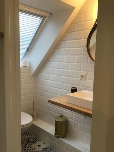 une salle de bain avec un lavabo et des toilettes dans l'établissement A 600 m de la plage avec jardinet privatif, à Saint-Pierre-Quiberon