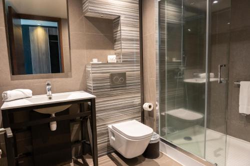 a bathroom with a toilet and a sink and a shower at Hotel Terrado Cavancha in Iquique
