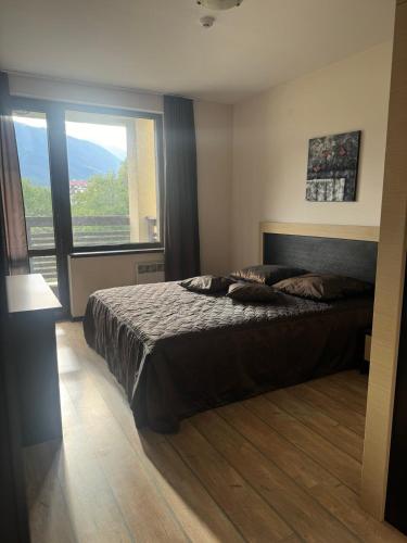 a bedroom with a large bed with a large window at Alpine Lodge Bansko Apartments in Bansko