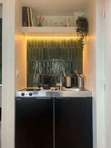 une cuisine avec un évier et une cuisinière dans l'établissement Saint Jacques Versailles, à Paris