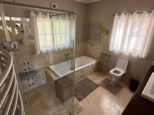 a bathroom with a shower and a tub and a toilet at Madajo in Stellenbosch