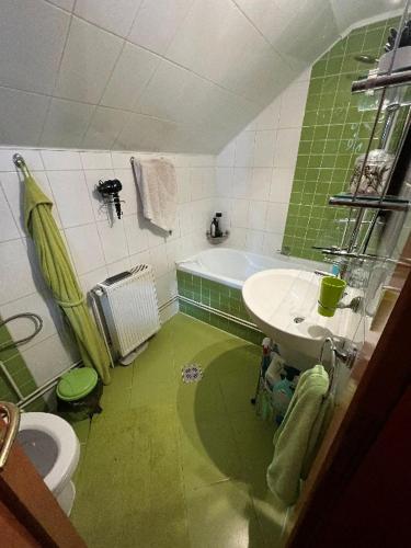 a green and white bathroom with a sink and a tub at Colt de rai in Bran