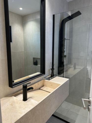 a bathroom with a sink and a shower at Departamento Avenida España in Mendoza