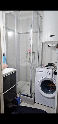 une salle de bain avec une machine à laver et un lavabo dans l'établissement Barut, à Garges-lès-Gonesse