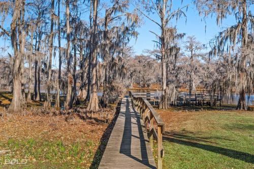 a wooden boardwalk in a park with trees at Chic Cypress View Cabin Wkayaks & Canoes in Karnack