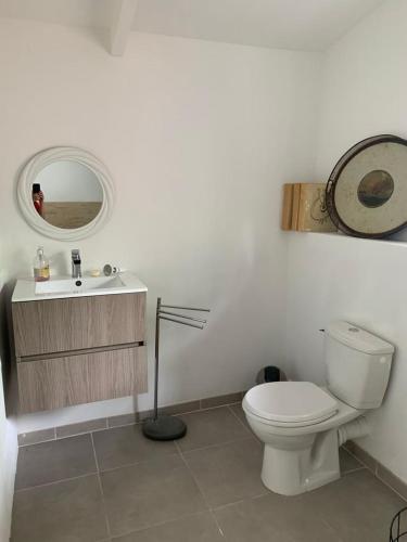 ein Badezimmer mit Toilette, Waschbecken und Spiegel in der Unterkunft Le Rouet in Ytres