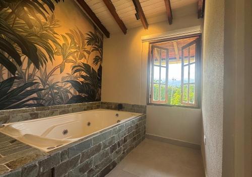 a bathroom with a bath tub and a window at Chalet La Alemania in Calarcá