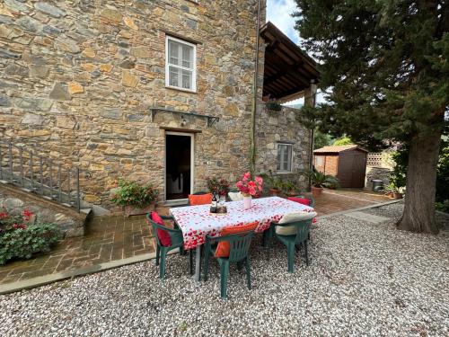 a table and chairs in front of a stone building at Casa Max in Capannori