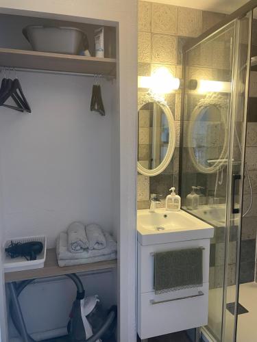 une salle de bain avec un lavabo et une douche dans l'établissement Studio avec balcon à 50 m de la corniche vendéenne, à Saint-Hilaire-de-Riez