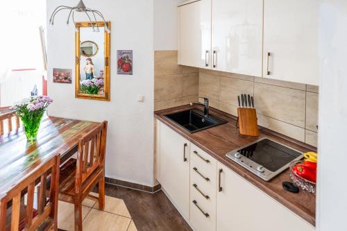 a kitchen with a sink and a counter top at Villa Backstein OBO19 in Schwerin