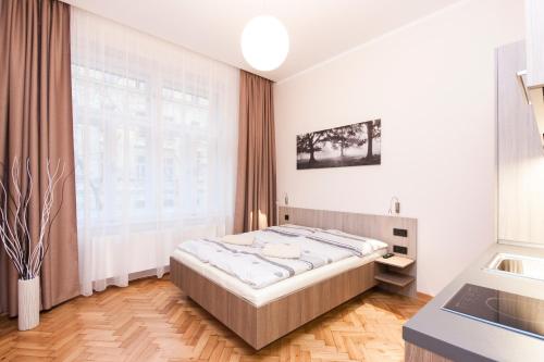 プラハにあるManesova Astra Apartmentのベッドルーム(大型ベッド1台、窓付)