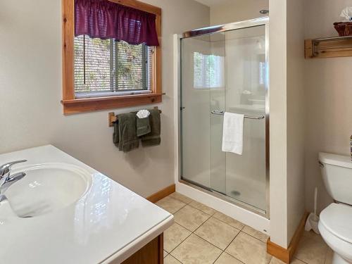 a bathroom with a shower and a sink and a toilet at Goldies Hideaway in Bryson City
