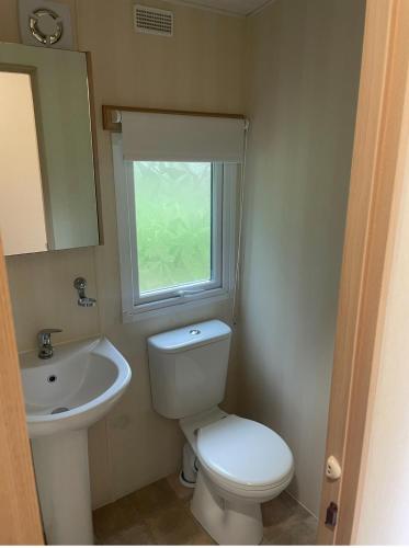 a small bathroom with a toilet and a sink at 48 Rosewood Isle of Wight in Porchfield