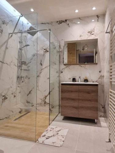 a bathroom with a shower and a sink at Olympus Thea in Litochoro