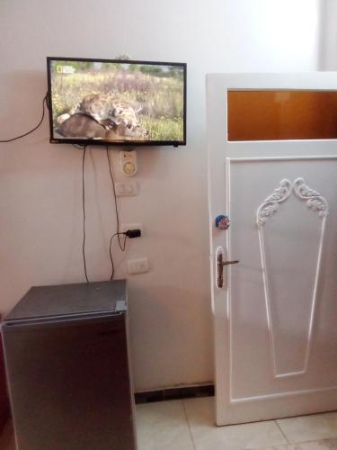 a tv on a wall next to a white door at Nubian Life Nile View in Aswan