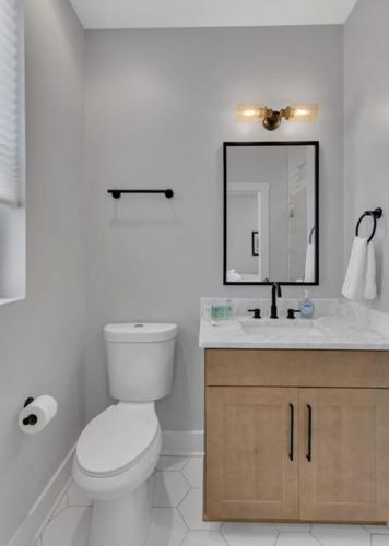 un bagno con un water, un lavandino e uno specchio di 10 Min Drive Downtown, Roof Deck, Pet Friendly a Nashville