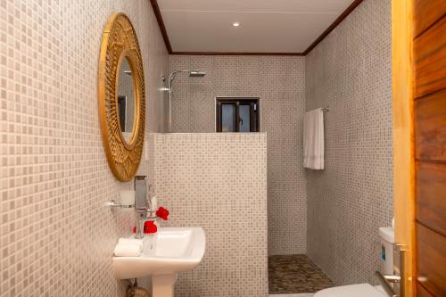 a bathroom with a sink and a mirror at LA Apartments in Anse Possession