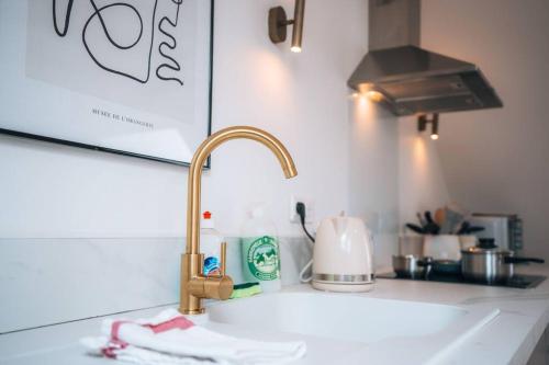a kitchen sink with a faucet and a counter top at Le Berry Sweet - La Douceur de vivre - Proche Gare in Châteauroux