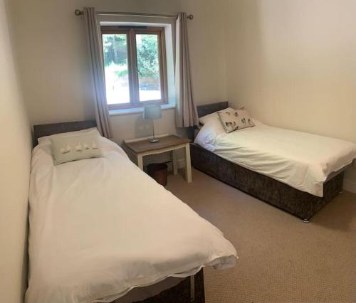 two twin beds in a room with a window at Tasburgh - Farthings in Norwich