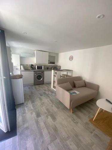 un salon avec un canapé et une cuisine dans l'établissement Charmante Maison entre Castres & Mazamet, à Aiguefonde