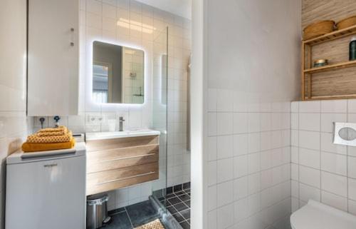 a bathroom with a sink and a toilet and a mirror at Bambou Rooms in Vrouwenpolder