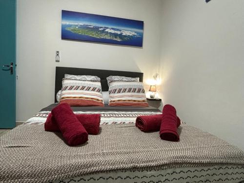 a bedroom with a bed with red pillows on it at Villa bouginvilliers in Le Tampon