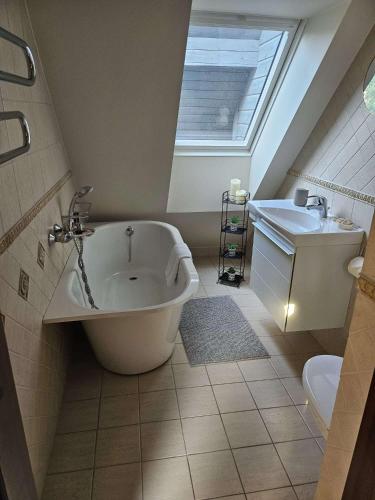 a bathroom with a large tub and a sink at Vila Mažoji apartamentai in Palanga