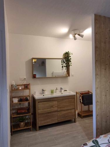 a bathroom with a sink and a mirror at Le Vauban Cambrai in Cambrai