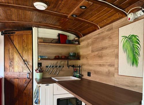 Una cocina con fregadero y una pared de madera. en Winterharde pipowagen met hottub, bbq & uitzicht, en Luttelgeest