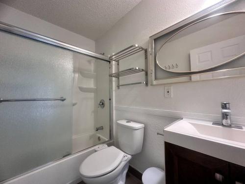 a bathroom with a shower and a toilet and a sink at Fabulous Guesthouse in Mount Helix La Mesa in Grossmont