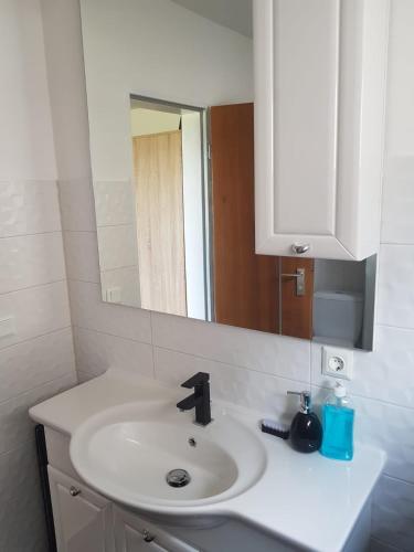 a bathroom with a white sink and a mirror at Apartment Mary Mehlmeisel in Mehlmeisel