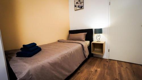a bedroom with a bed with a blue pillow on it at GLOW Apartment in Magdeburg