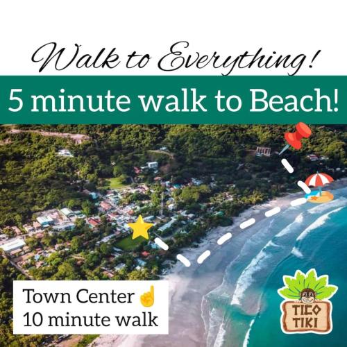 a poster of a beach with the text walk to everything minute walk to beach at Tico Tiki Vacation Villa, 3 Bedroom in Sámara