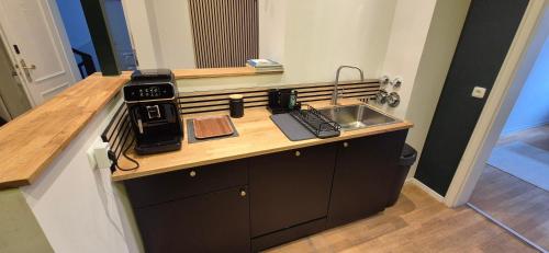 a kitchen with a counter with a sink and aounter sidx sidx sidx at Munich large Apartment 110 qm in very cetral location 1 to 12 Guests in Munich