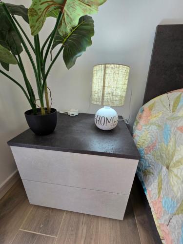 a nightstand with a plant on it next to a bed at New Living Milano in Gorgonzola