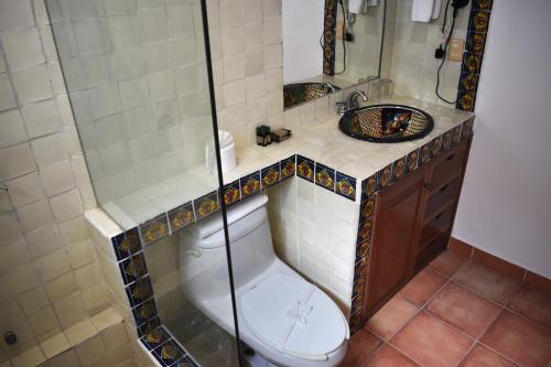a bathroom with a shower and a toilet and a sink at Zihil Ha Hotel in Playa del Carmen
