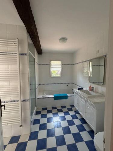 La salle de bains est pourvue d'un sol en damier bleu et blanc. dans l'établissement La Vie en Rose, à Léran