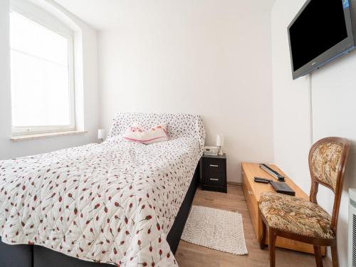 a bedroom with a bed and a tv and a chair at Cozy Family Stay in Petersberg in Petersberg