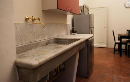 a kitchen with a counter top and a refrigerator at Strozzi Luxury Apartment in Florence