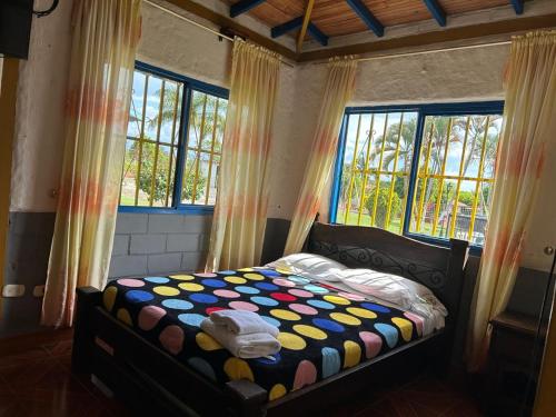 a bedroom with a bed in a room with windows at Hotel campestre manantial del Quindio in Montenegro