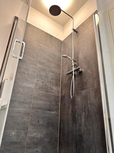 a shower with a glass door in a bathroom at Stadtwohnung mit Garten in Kassel