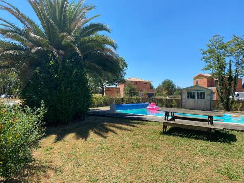 - une piscine avec un banc à côté d'un palmier dans l'établissement La Villa des Moments Chaleureux, à Pompignac